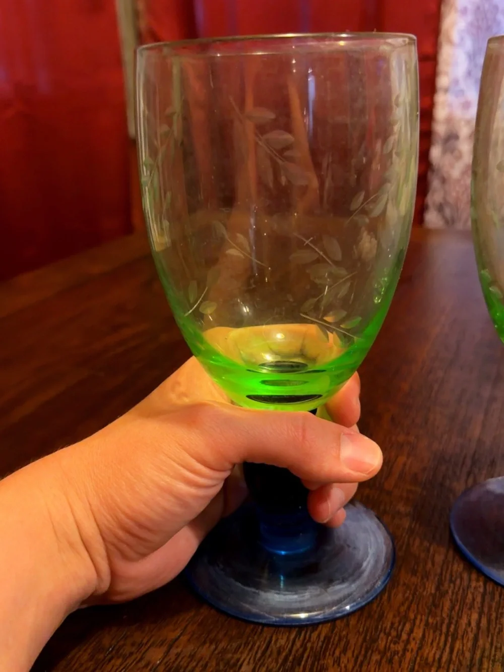 Vintage Etched Green and Blue Glass Goblets - Set of 2